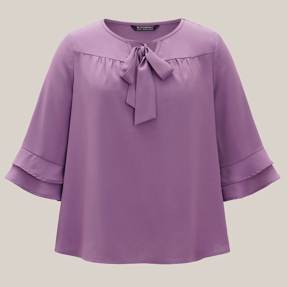 BloomChic Plus Size Solid Ribbon Tied Collar Bell Sleeve Blouse - Picture 5 of 6